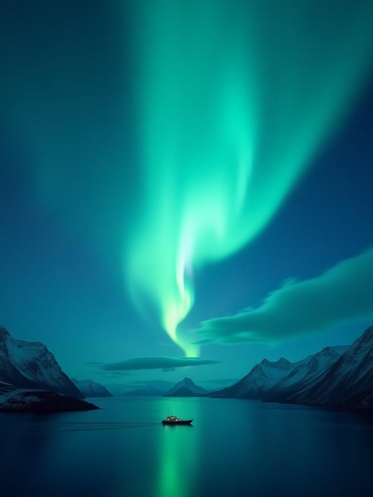 Nordlys over fjorden sett fra fiskebåten.