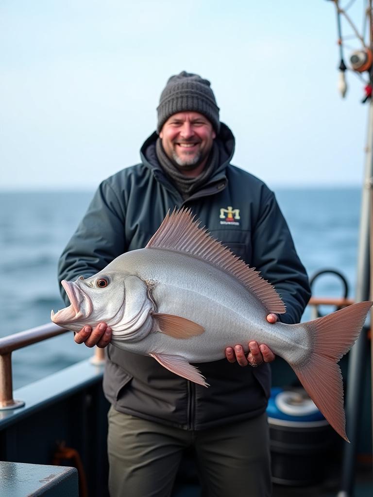 Stolt fisker med en gigantisk kveite på dekk.